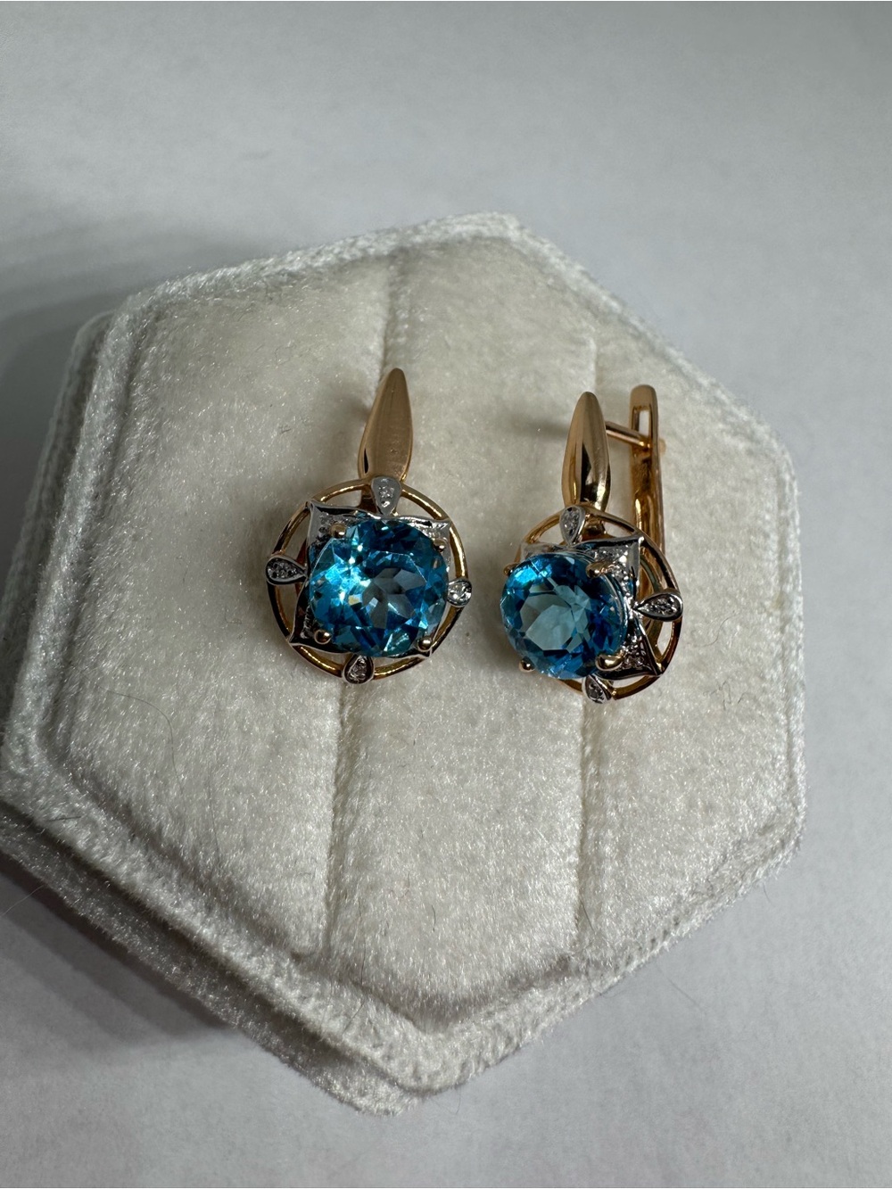 14K 585 Rose Gold Blue Topaz & Diamond Earrings - Picture 6 of 16